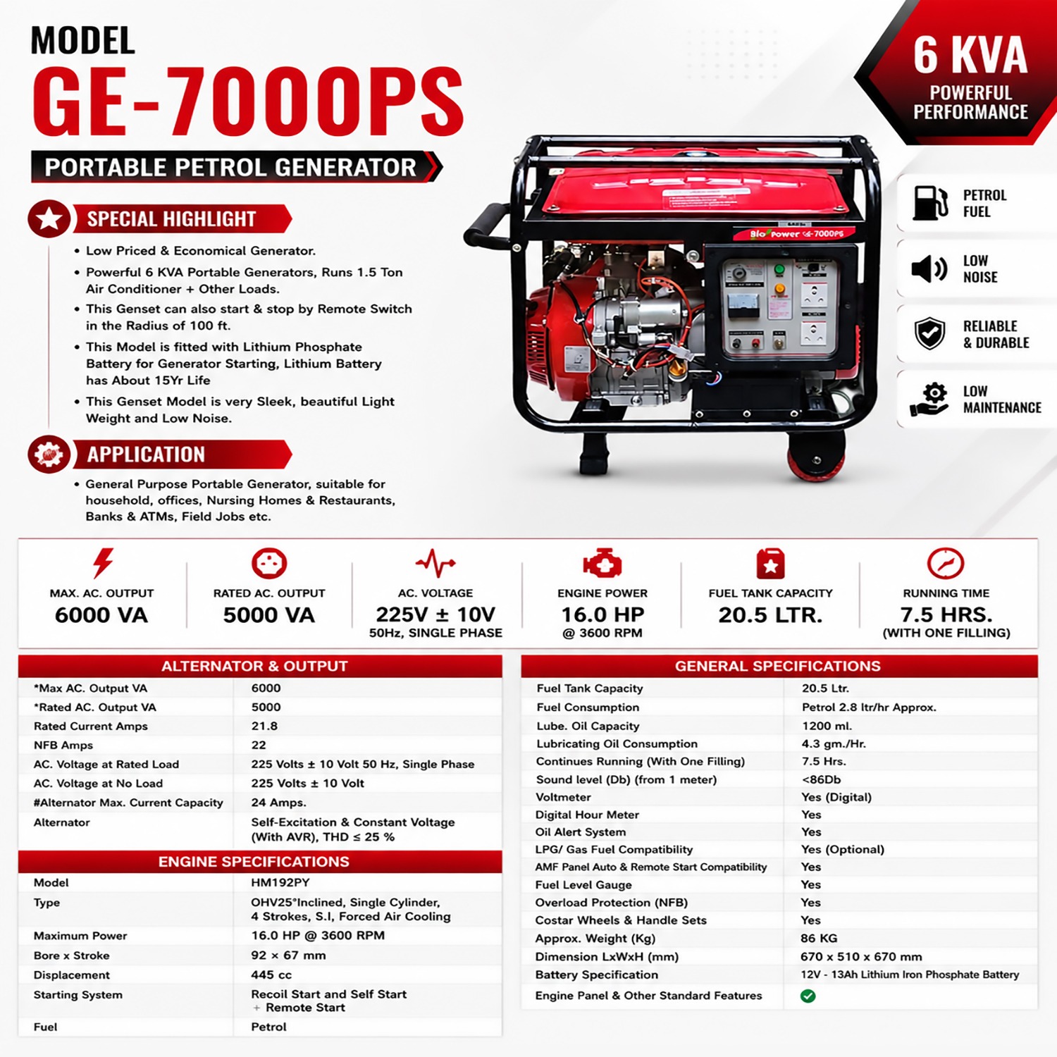 6 KVA Portable Petrol Generator, Model GE-7000PS